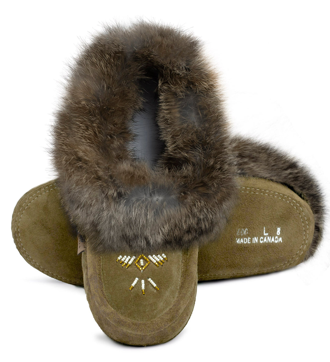 Ladies Fur Trim Beaded Slippers- Army