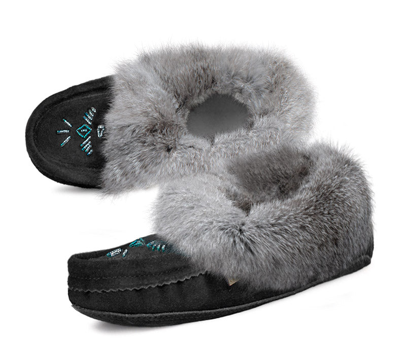 Ladies Fur Trim Beaded Slippers- Black