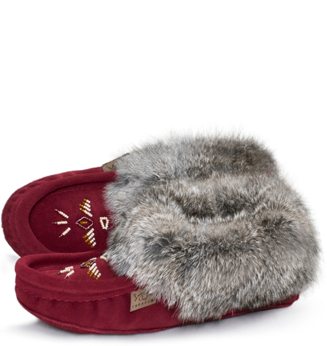 Ladies Fur Trim Beaded Slippers- Burgundy