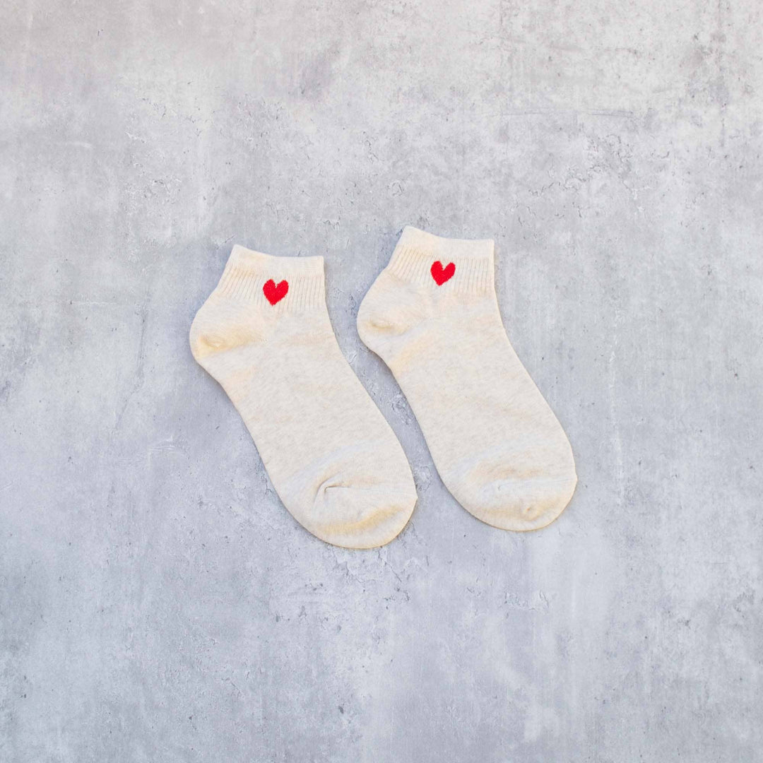 Heart Ankle Socks: Beige/Red