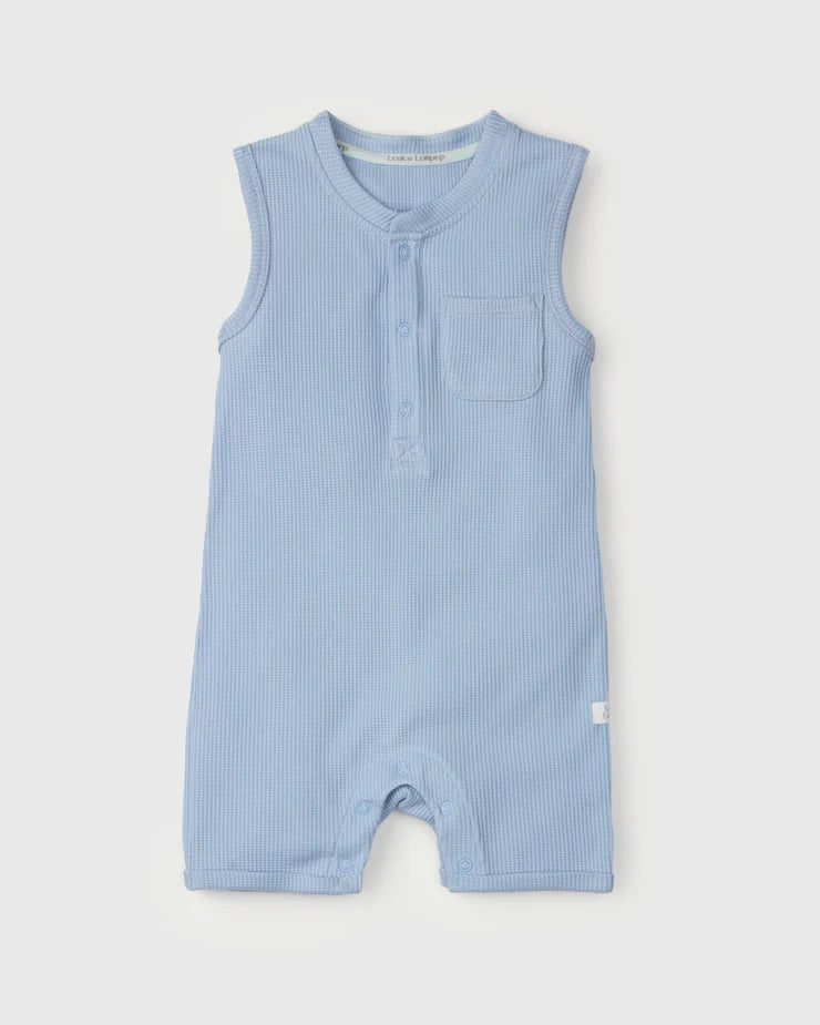 Waffle Short Romper- Blue Fog