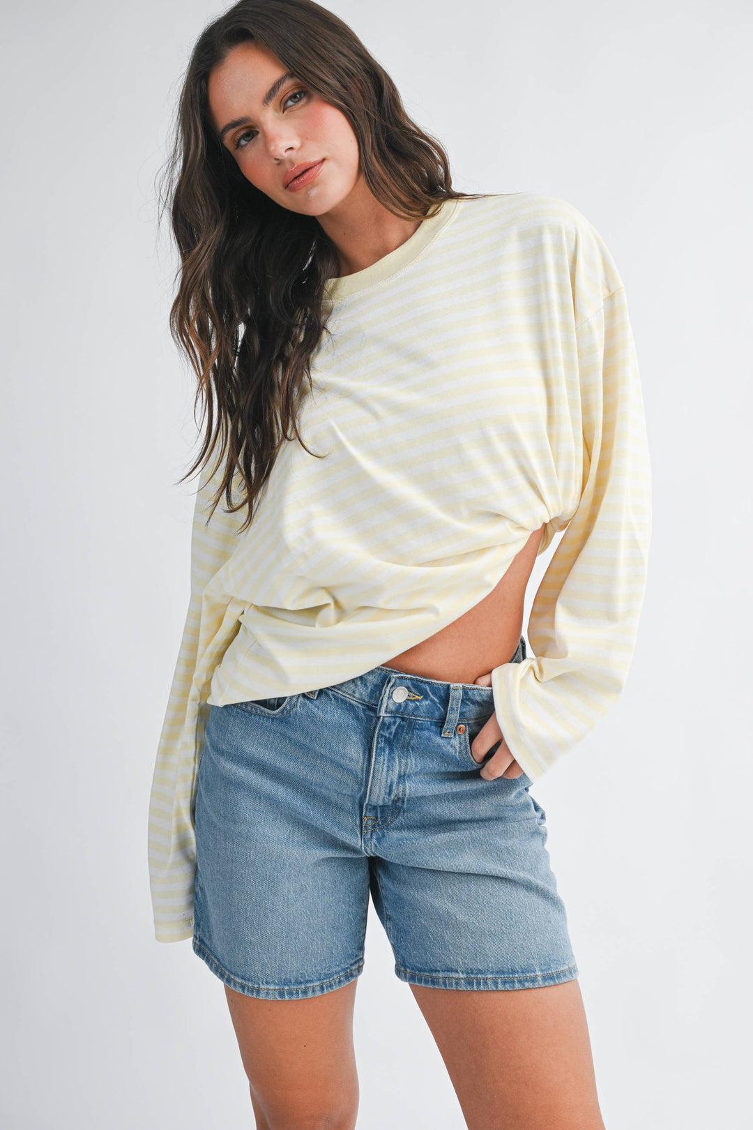 Oversized Stripe Long Sleeve Top: Lemon