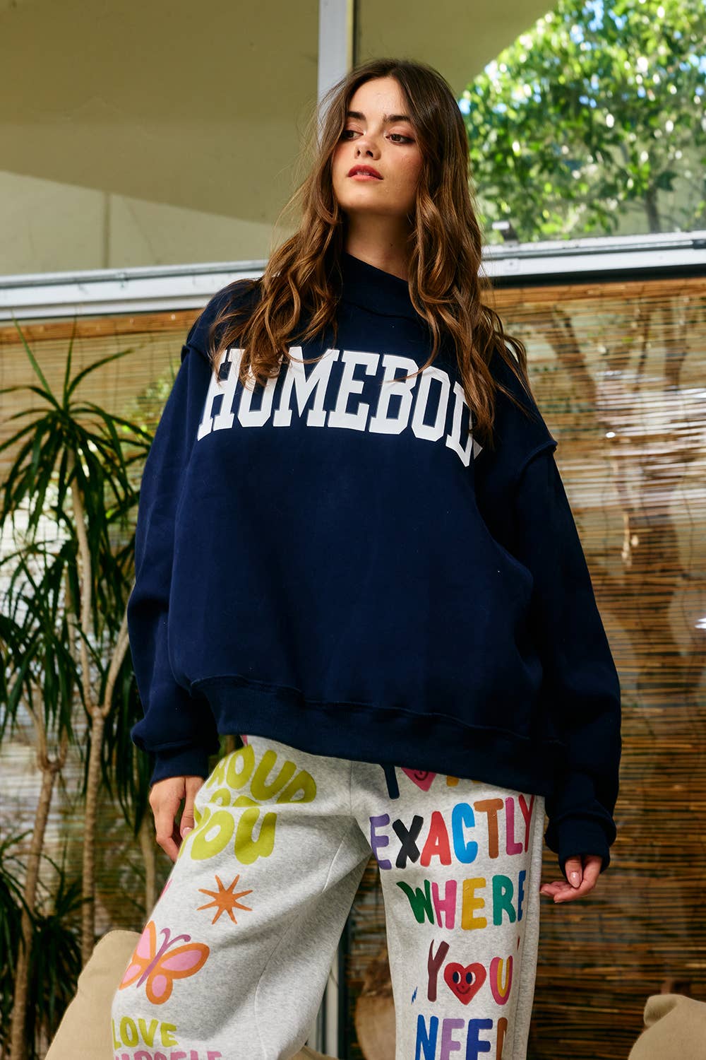 "HOMEBODY" Mock Neck Sweatshirt- NAVY