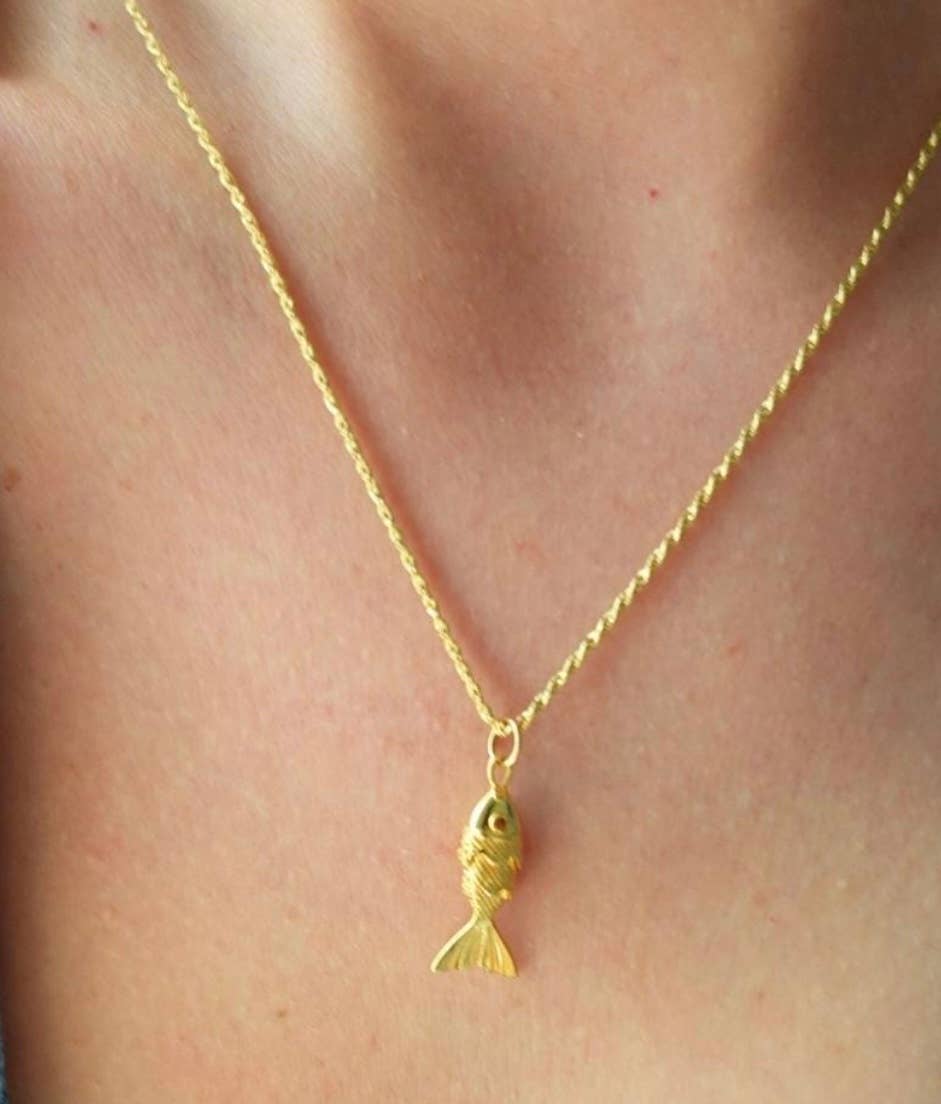 Lure- 14K Gold Steel Articulated Portuguese Fish Necklace : Medium
