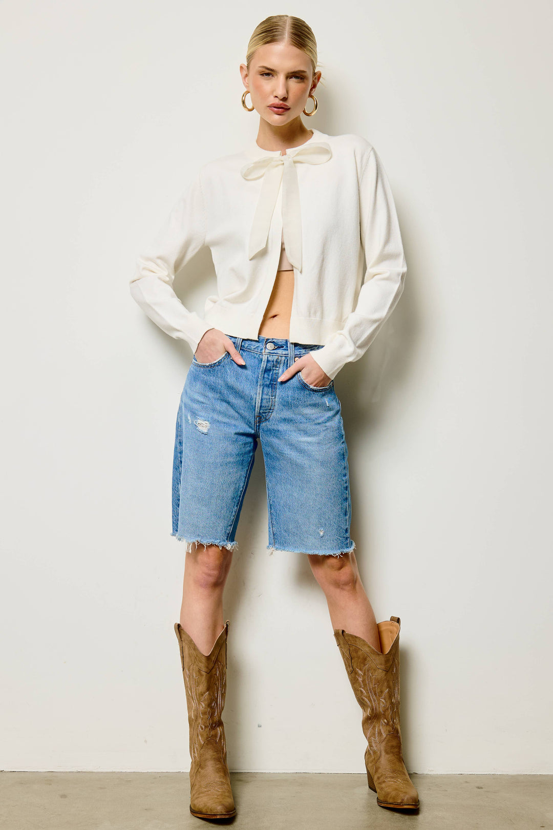 Chiffon Bow Tie Knit Cardigan: Ivory