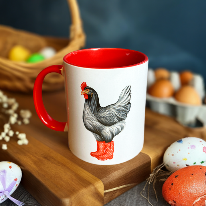 Hen wearing Red Rain Boots Mug: 11oz - 325ml