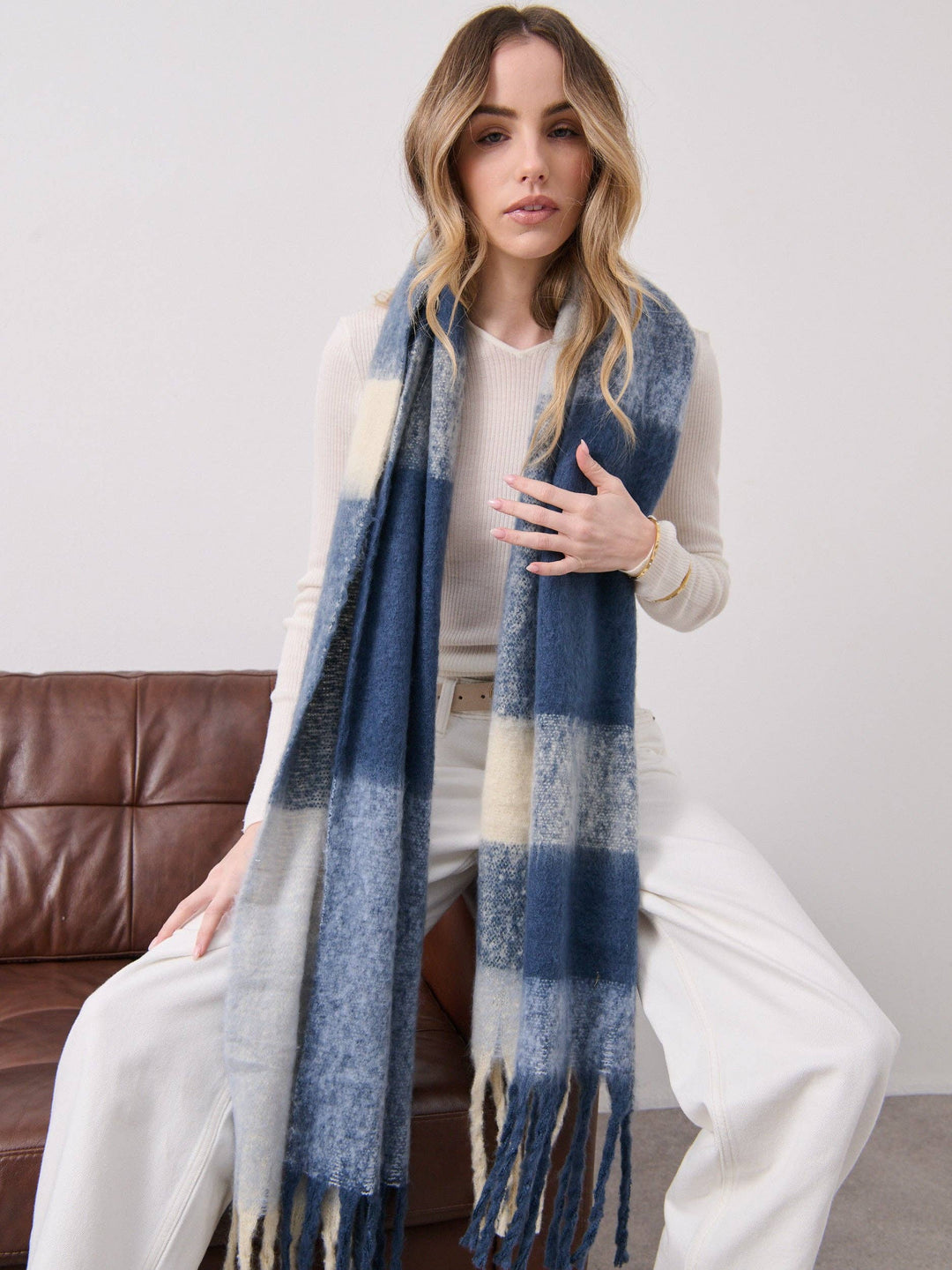 Checkered Fluffy Scarf - Multi Blue