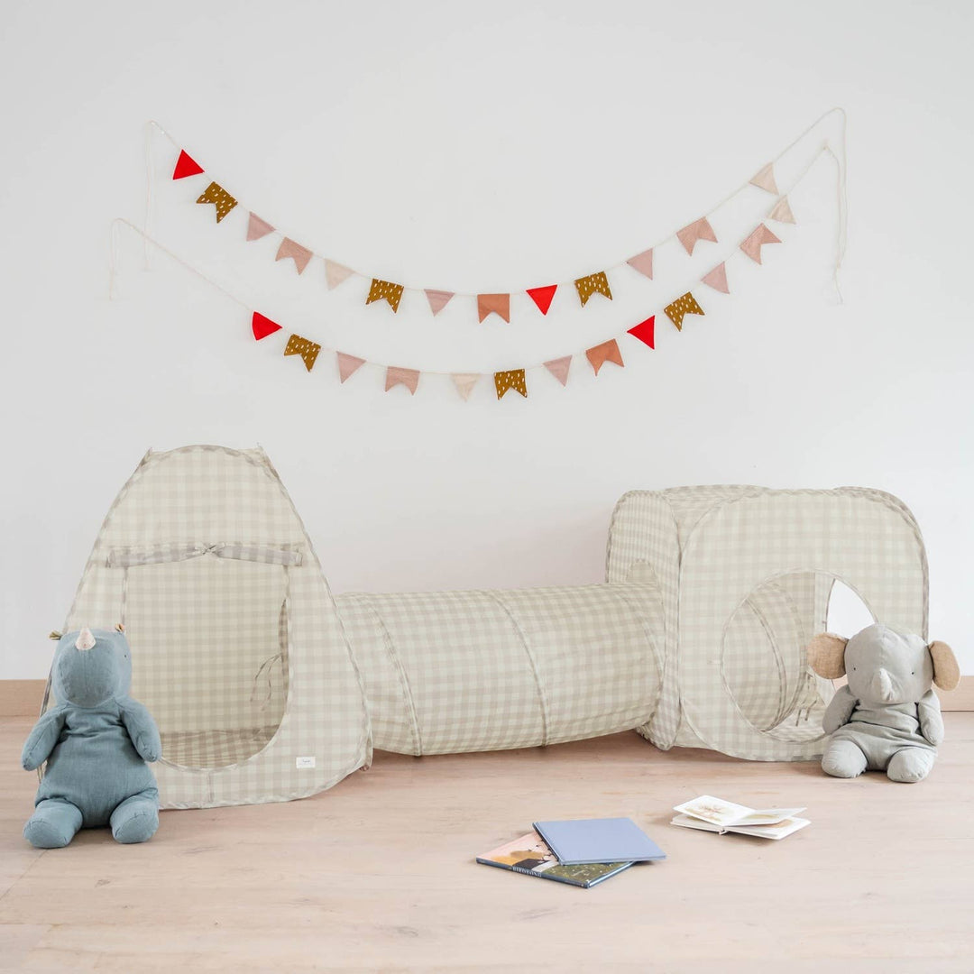Kids 3-in-1 Play Tent & Tunnel Set with Recycled Fabric: Gingham Beige