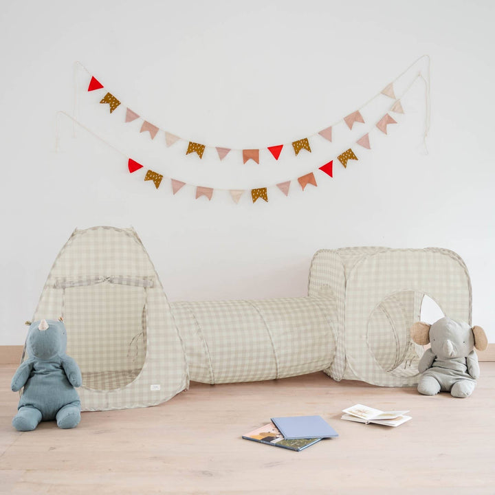 Kids 3-in-1 Play Tent & Tunnel Set with Recycled Fabric: Gingham Beige