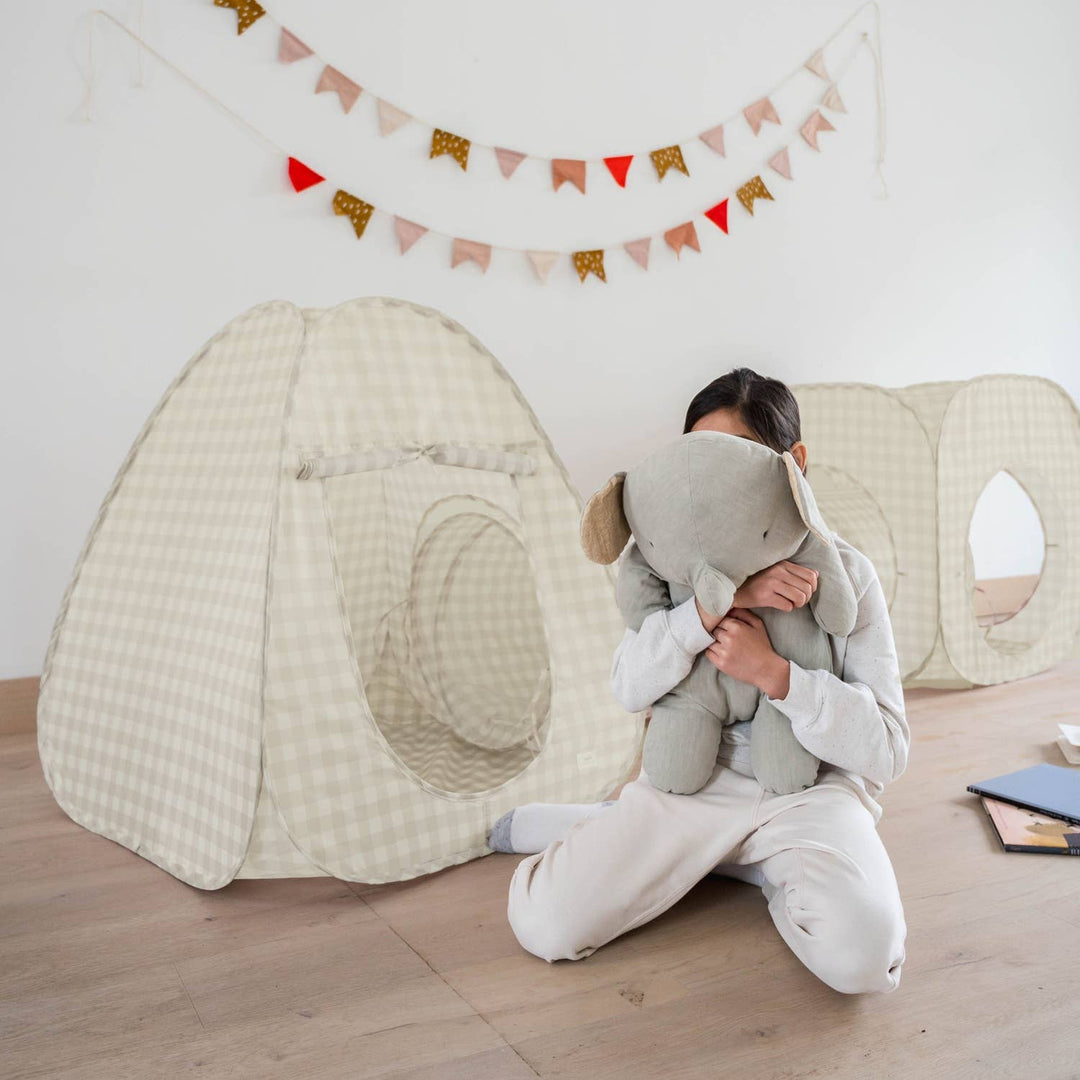 Kids 3-in-1 Play Tent & Tunnel Set with Recycled Fabric: Gingham Beige