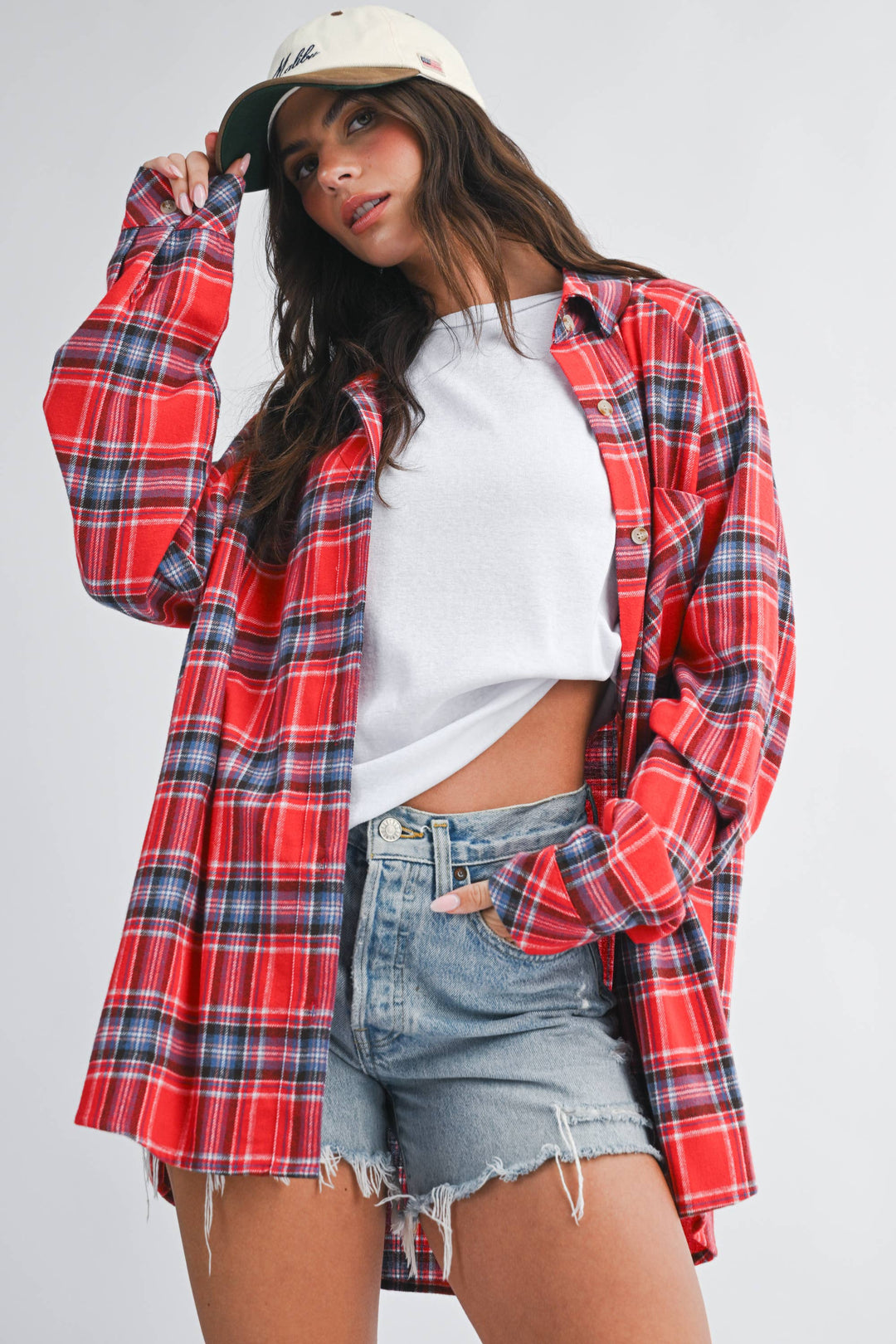 Oversized Plaid Button Down Shirt: Red