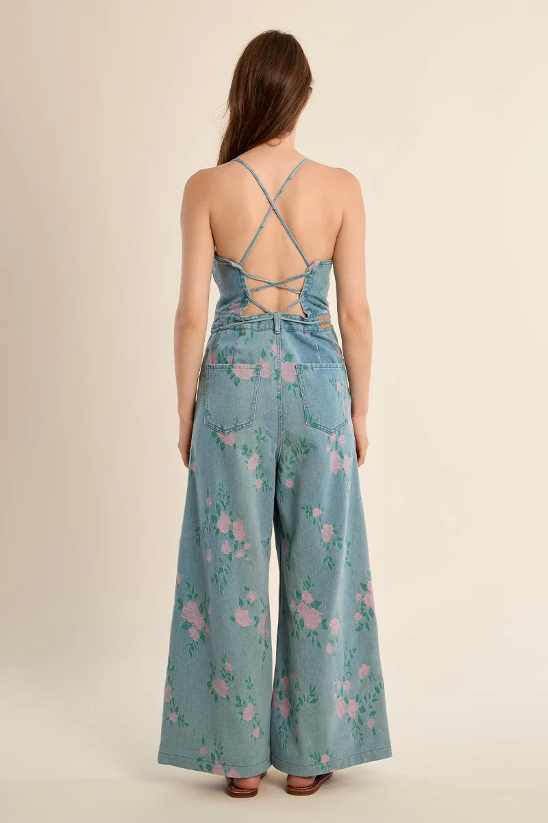 The Mercer Denim Jumpsuit - Floral Denim