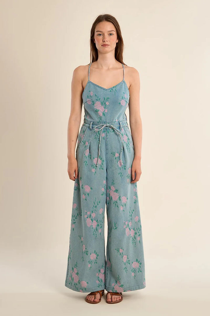 The Mercer Denim Jumpsuit - Floral Denim