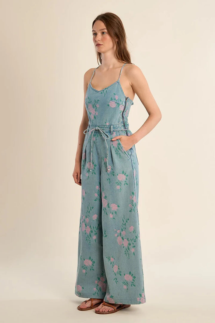 The Mercer Denim Jumpsuit - Floral Denim