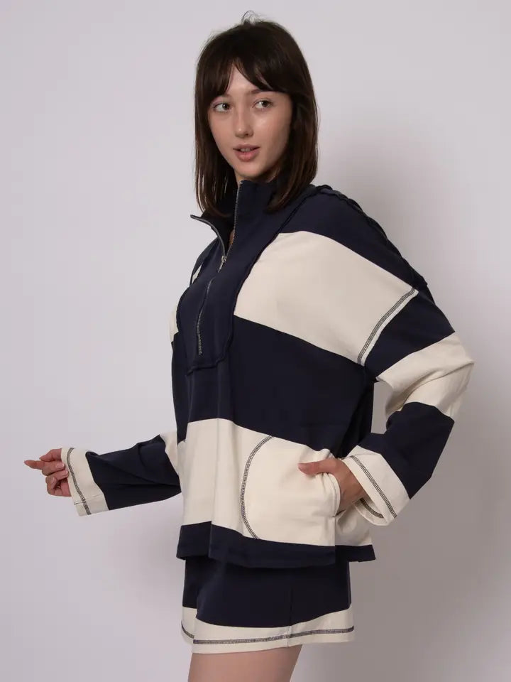Camille Stripe Half Zip- Navy