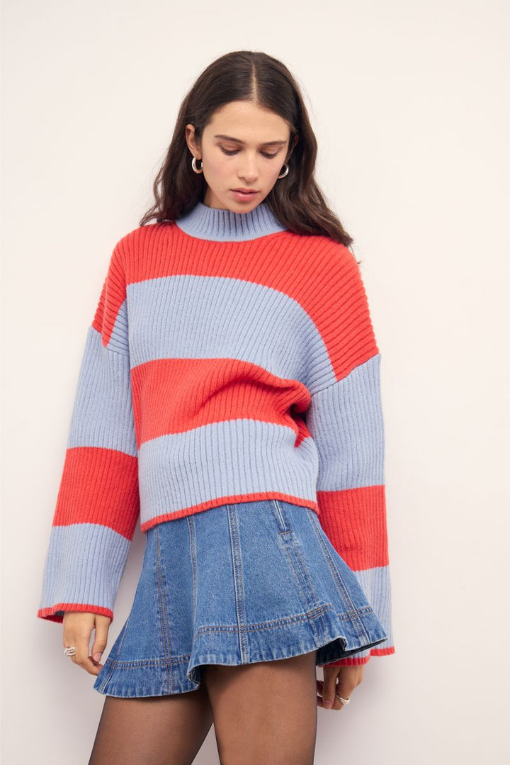 Freja Chunky Knit Sweater - Coral/Blue