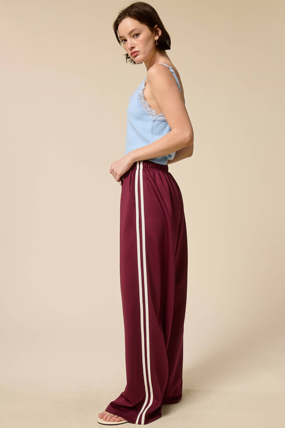 Wide Leg Track Pants with Side Stripes: Maroon