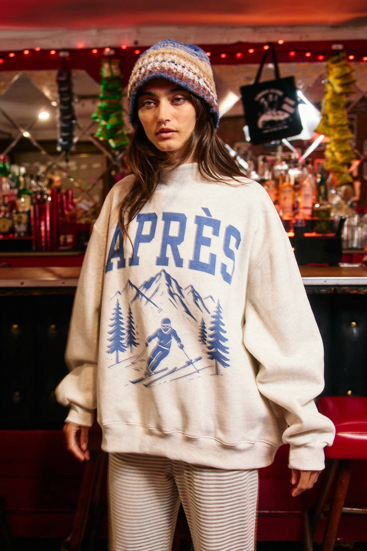 'APRES/SKI' Reversible Mock-Neck Sweatshirt: ASH GREY/VINTAGE BLUE