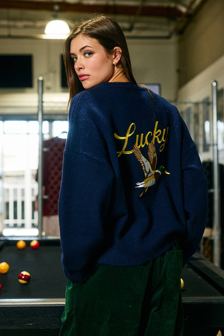 Embroidered "Lucky Duck" V-Neck Cardigan: NAVY/YELL