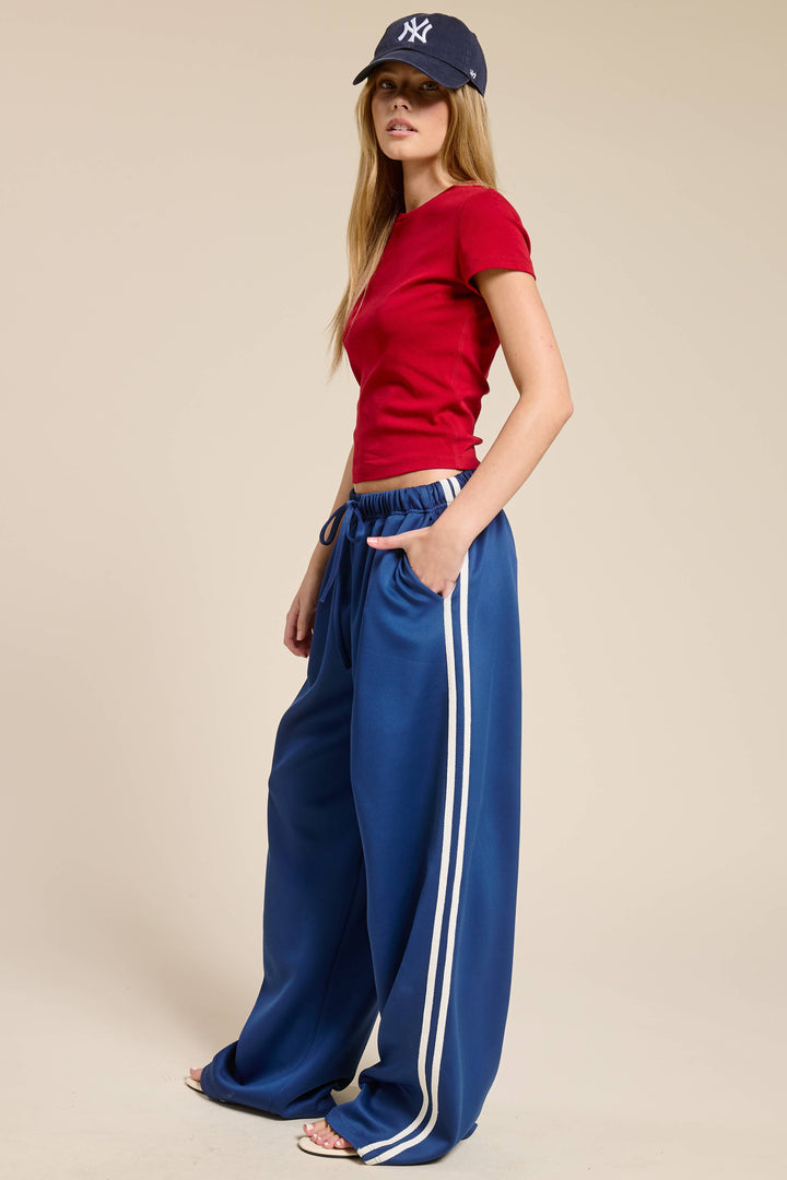 Wide Leg Track Pants with Side Stripes: Blue