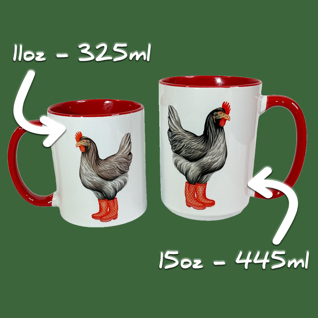 Hen wearing Red Rain Boots Mug: 11oz - 325ml