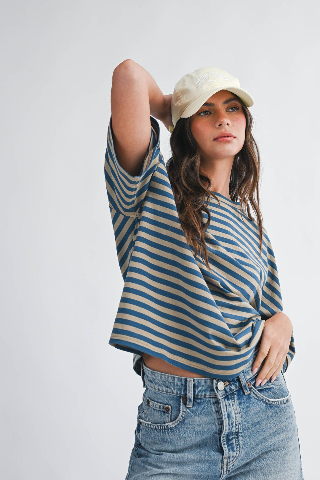 Oversized Stripe Boyfriend Tee: Tan