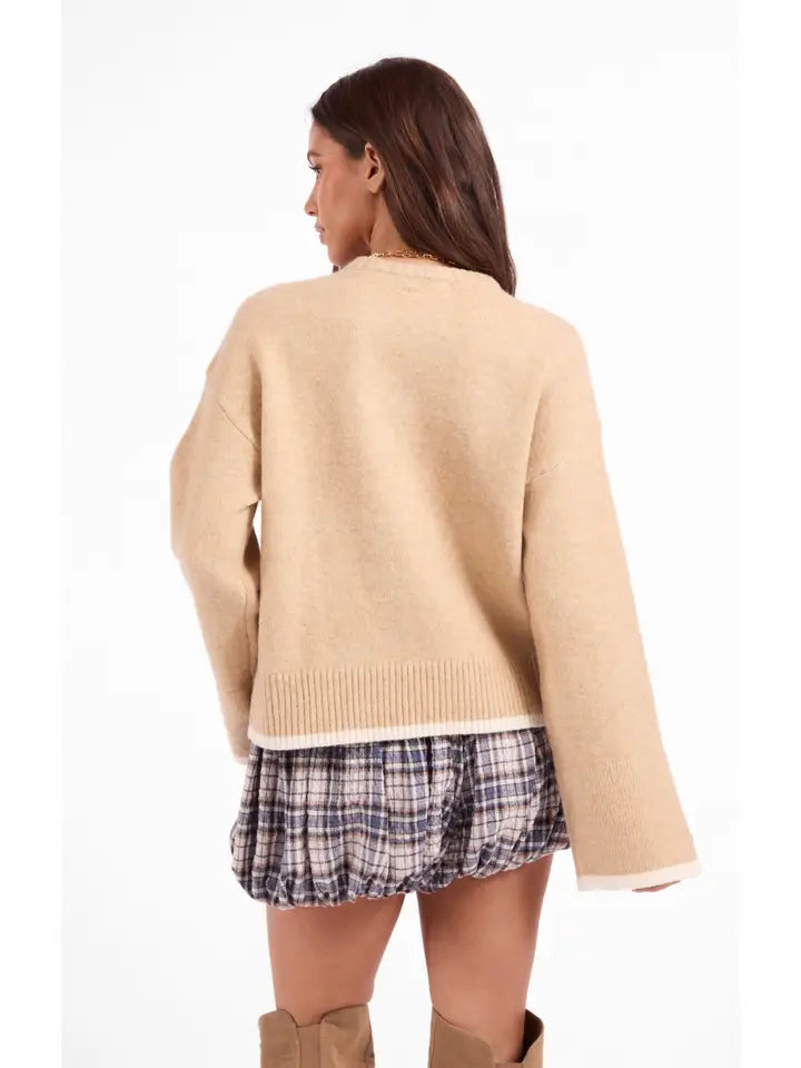 Angelina Cuff Slit Crew Neck Sweater