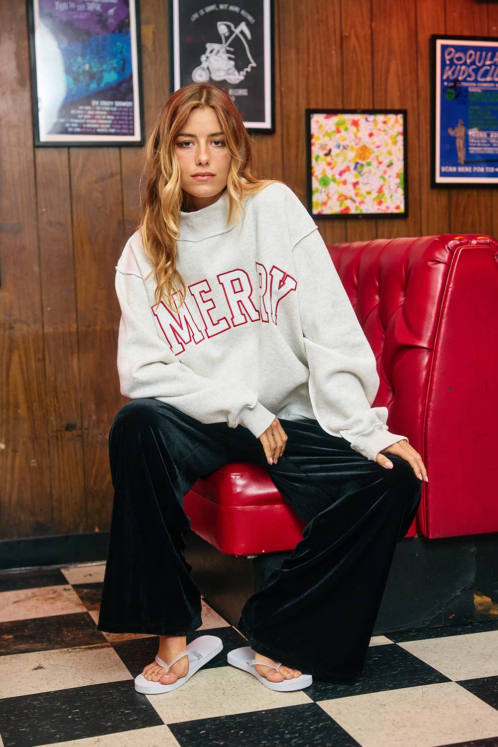 'MERRY' Embroidered Mock Neck Sweatshirt