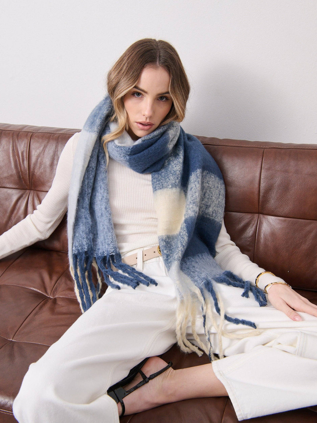 Checkered Fluffy Scarf - Multi Blue