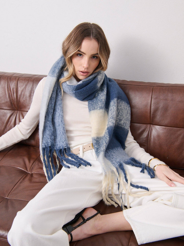 Checkered Fluffy Scarf - Multi Blue