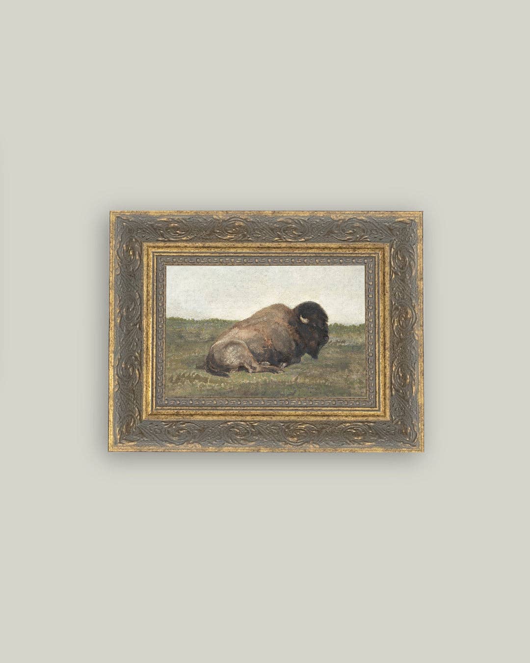 Resting Bison Framed Antique Art: 12x16