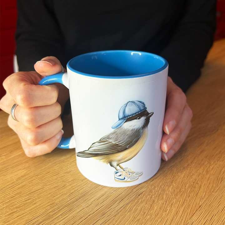 Chickadee wearing shoes Mug: 11oz - 325ml