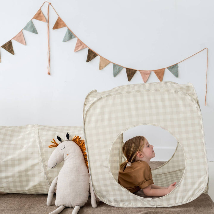 Kids 3-in-1 Play Tent & Tunnel Set with Recycled Fabric: Gingham Beige