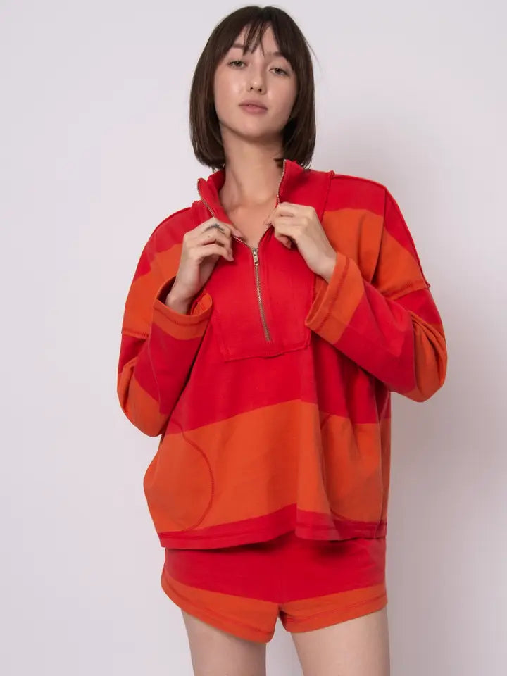 Camille Stripe Half Zip- Cherry