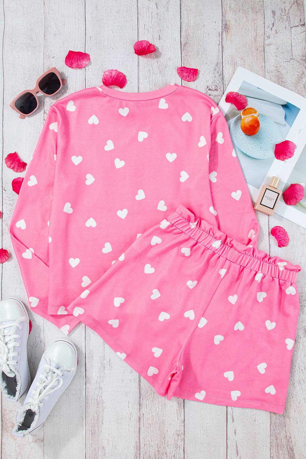 Pink Valentine Heart Print Long Sleeve Tee and Shorts Lounge Set: Pink