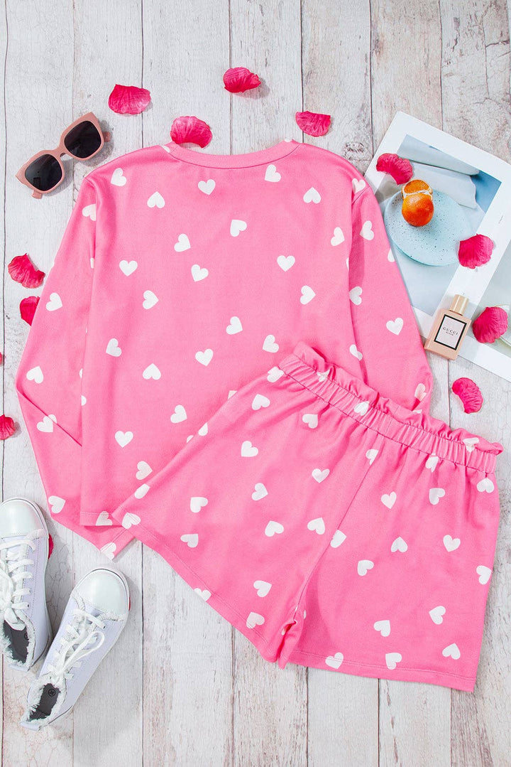 Pink Valentine Heart Print Long Sleeve Tee and Shorts Lounge Set: Pink