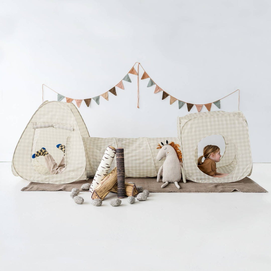 Kids 3-in-1 Play Tent & Tunnel Set with Recycled Fabric: Gingham Beige