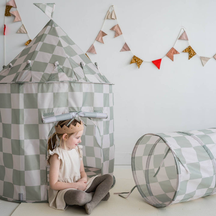 Kids Play Tent Castle with Recycled Fabric - Prints: Checkerboard Green