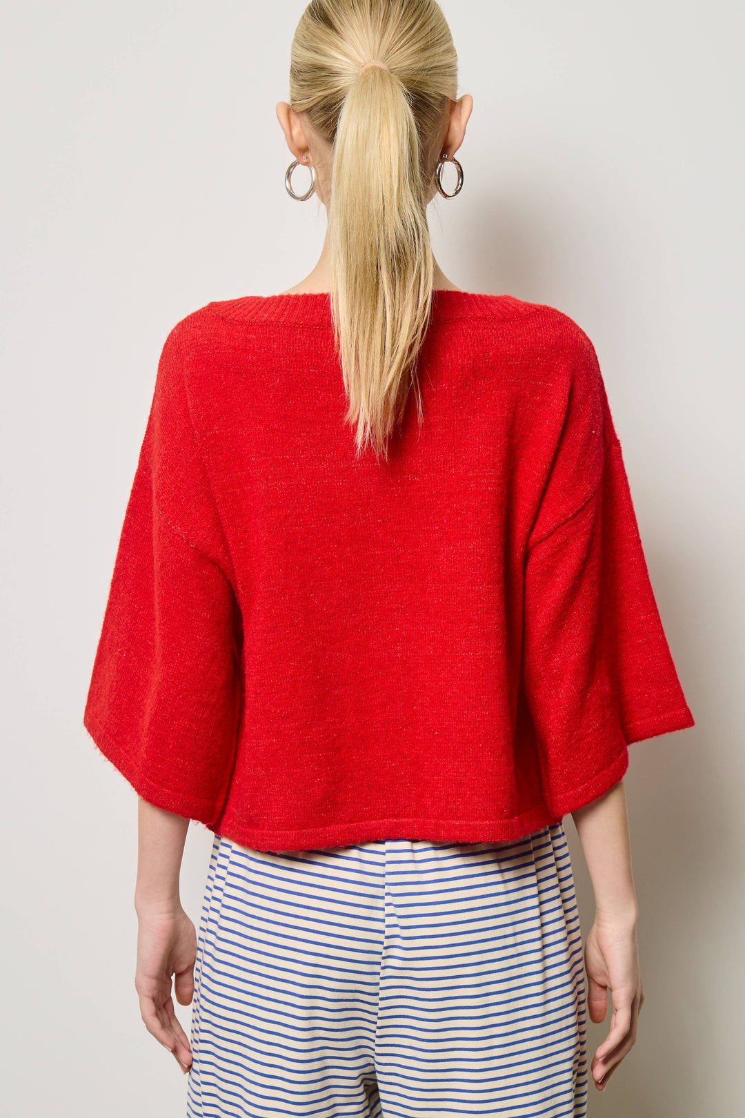 Wide Sleeve Button Front Knit Cardigan: Red