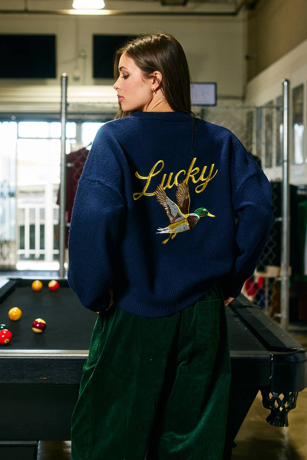Embroidered "Lucky Duck" V-Neck Cardigan: NAVY/YELL