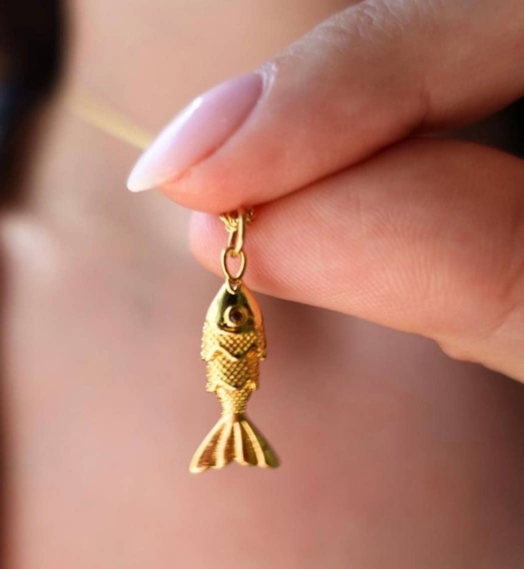 Lure- 14K Gold Steel Articulated Portuguese Fish Necklace : Medium