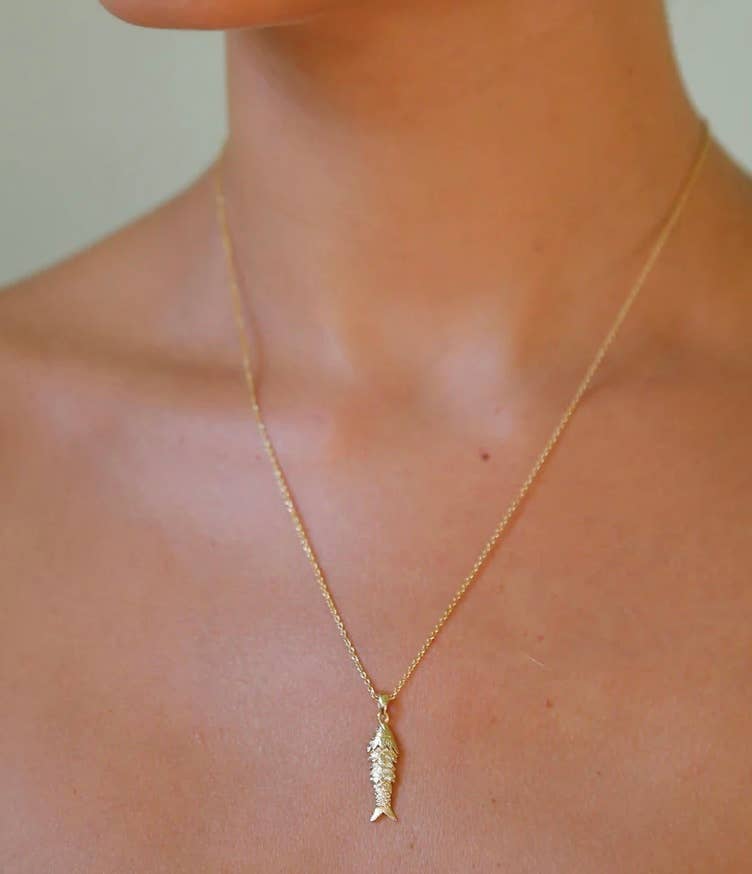 Lure- 14K Gold Steel Articulated Portuguese Fish Necklace : Medium