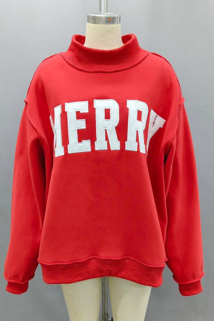 'MERRY' Embroidered Mock Neck Sweatshirt