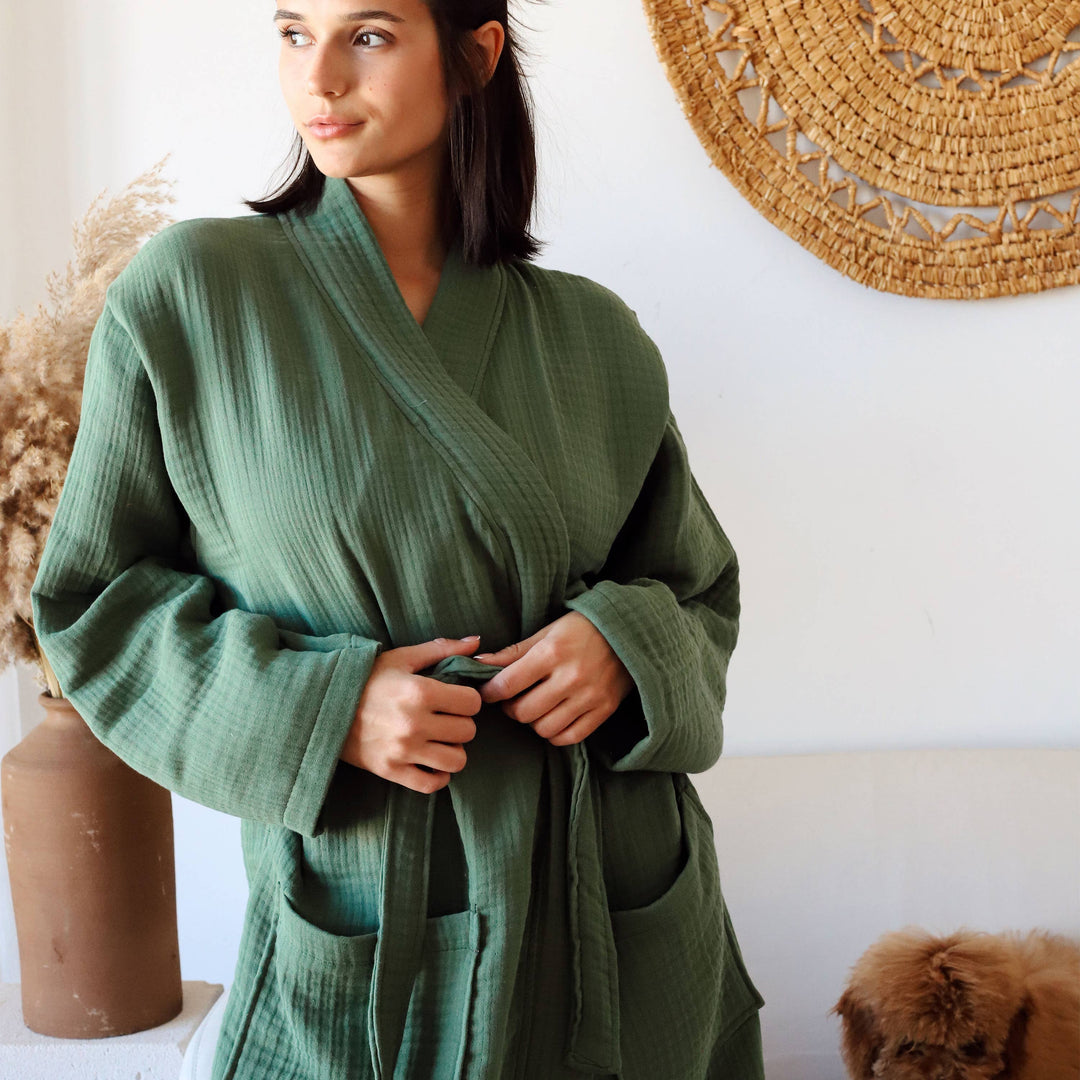 Luxury 4 Layer Muslin Bathrobe: Green