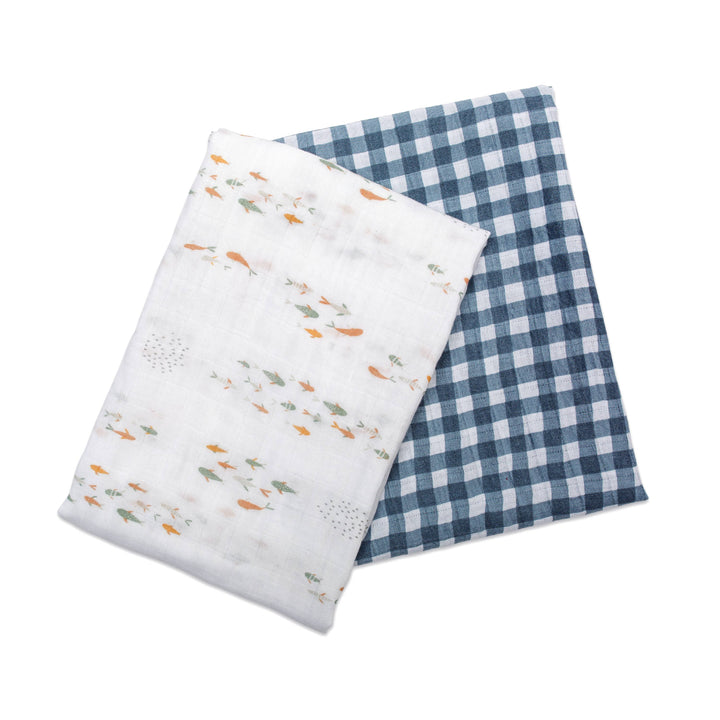 2-Pack Cotton Swaddle Blankets – Navy Gingham & Fish