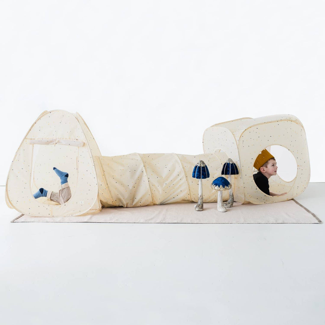 Kids 3-in-1 Play Tent & Tunnel Set with Recycled Fabric: Gingham Beige