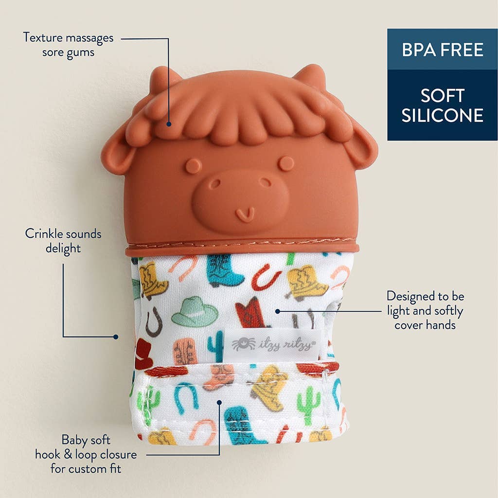 Itzy Mitt™ Silicone Teething Mitts: Highland Cow