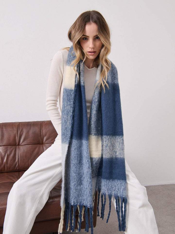 Checkered Fluffy Scarf - Multi Blue