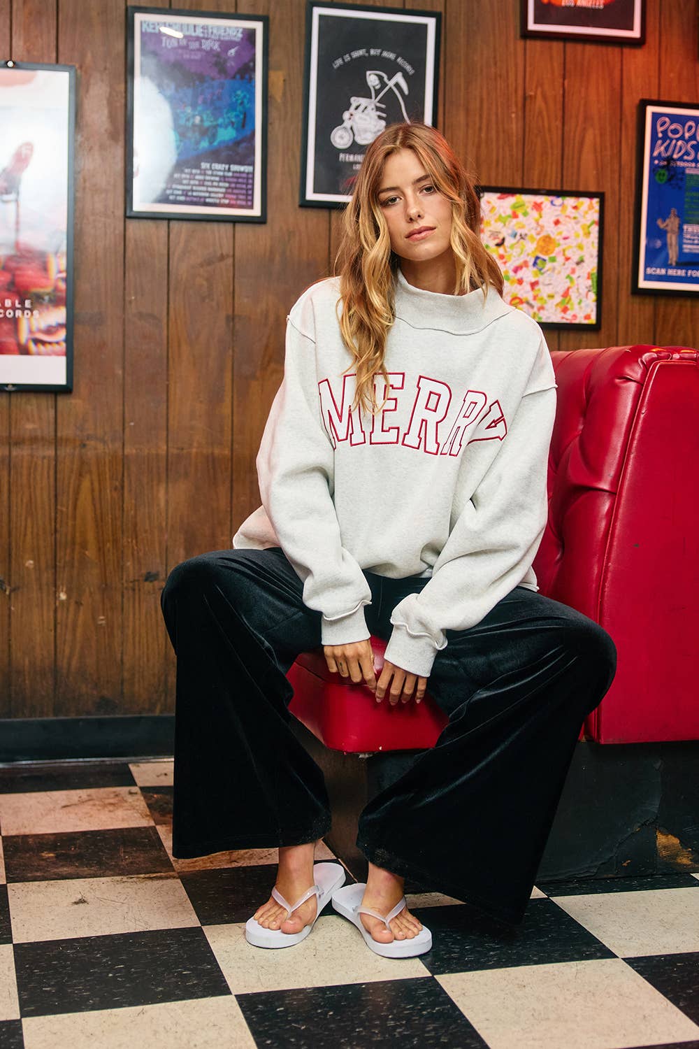 'MERRY' Embroidered Mock Neck Sweatshirt
