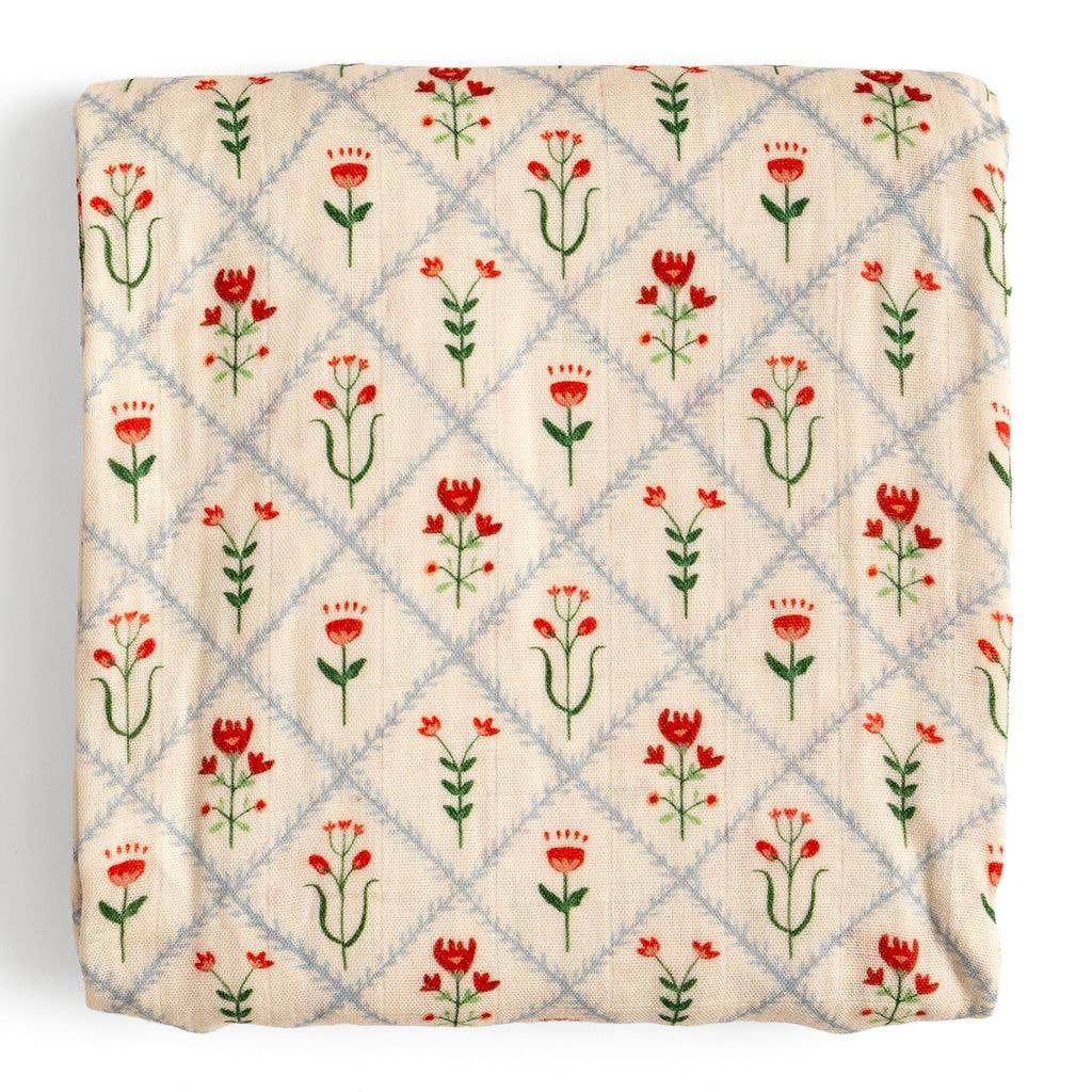 Scandinavian Folk Floral Diamond Muslin Baby Swaddle Blanket